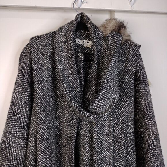 Vintage 80s Grey Black White Wool Swing Trapeze Coat Fox Fur Tail Trim Sz L OS - Picture 10 of 16